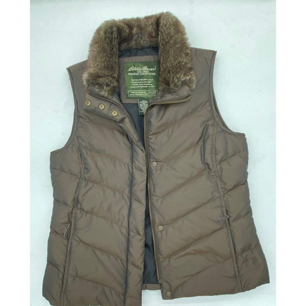 Eddie‎ Bauer Womens Brown Down Vest Faux Fur Collar Premium Goose Down Size S - Picture 11 of 14